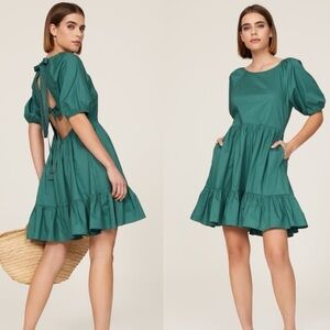 PETER SOM Green Puff Sleeve Ruffle Trim Mini Dress
